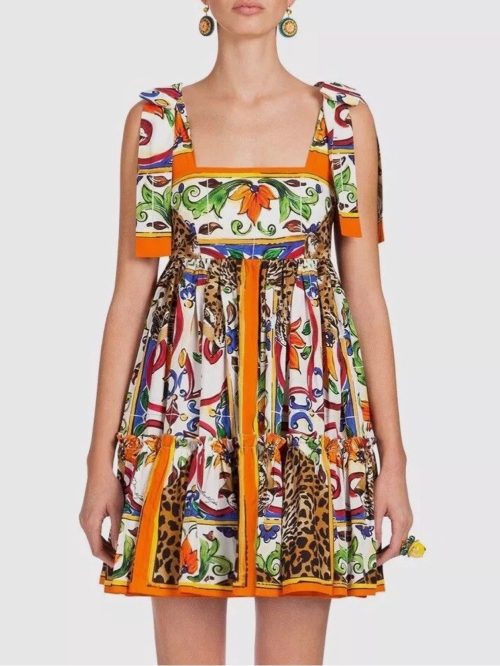 Dolce & Gabbana Floral and Leopard Print Tie-Shoulder Mini Cotton Dress size 42